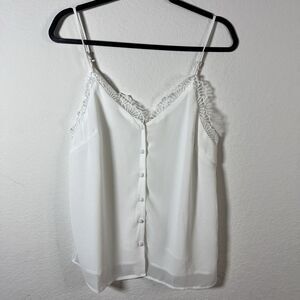 White Lace Trim Cami V-Neck Romantic Button Front Adjustable Straps Womens M